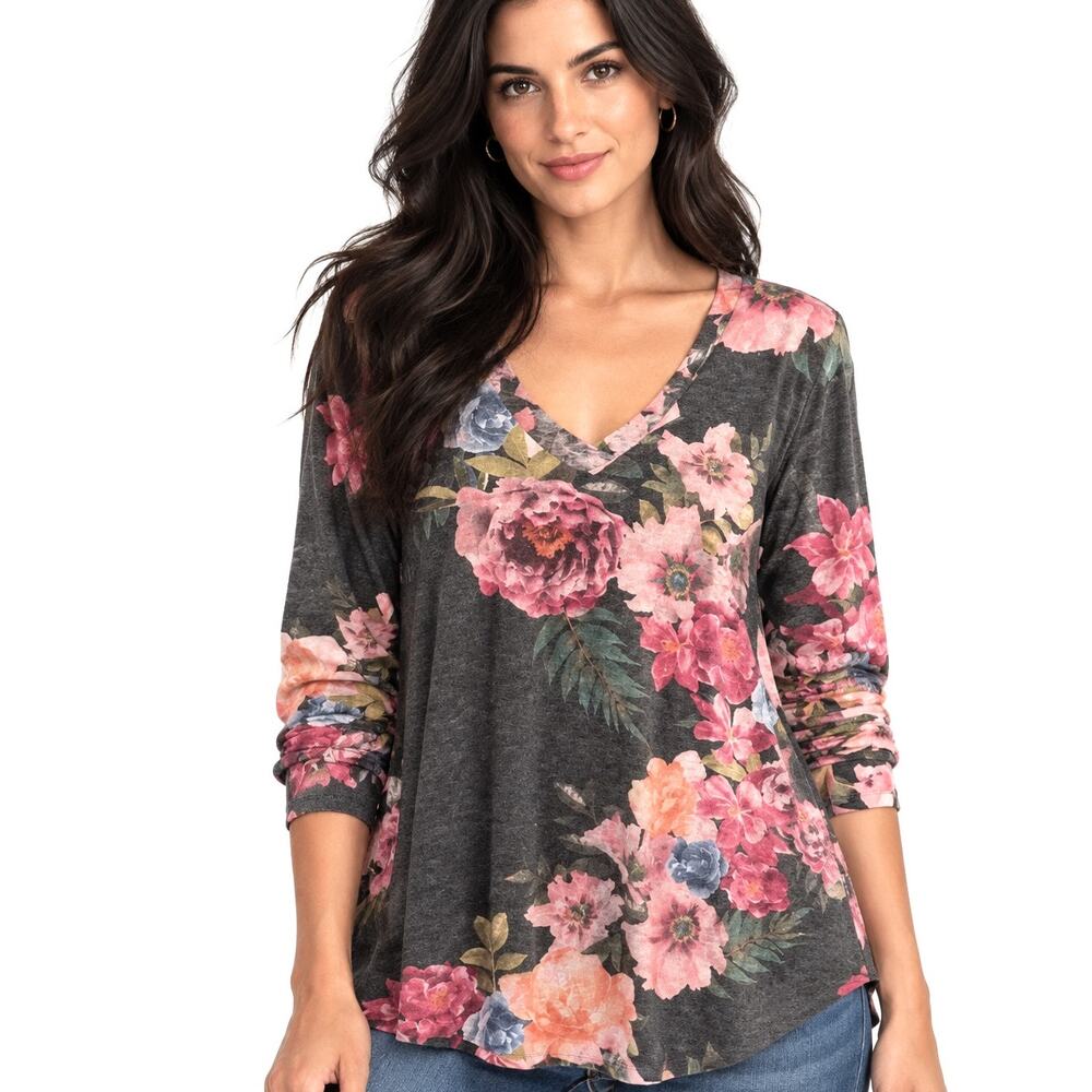 Soft Surroundings Midnight Blooms Top Womens Sz XL Gray Pink Floral V-Neck Tunic